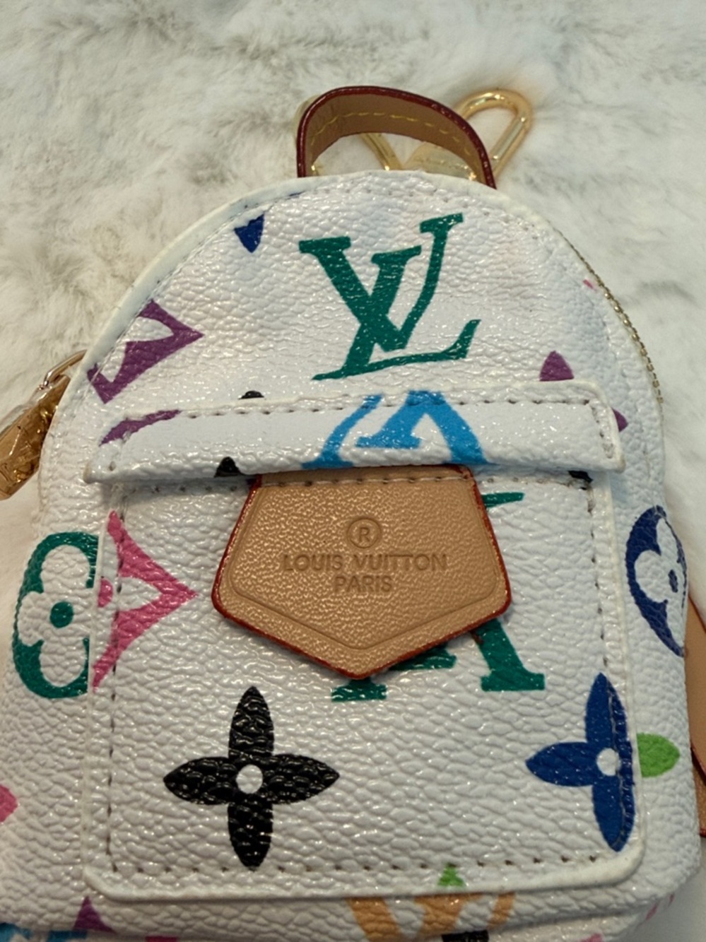 Source Unknown White Multicolor Mini Backpack Keychain Charm with Gold Hardware